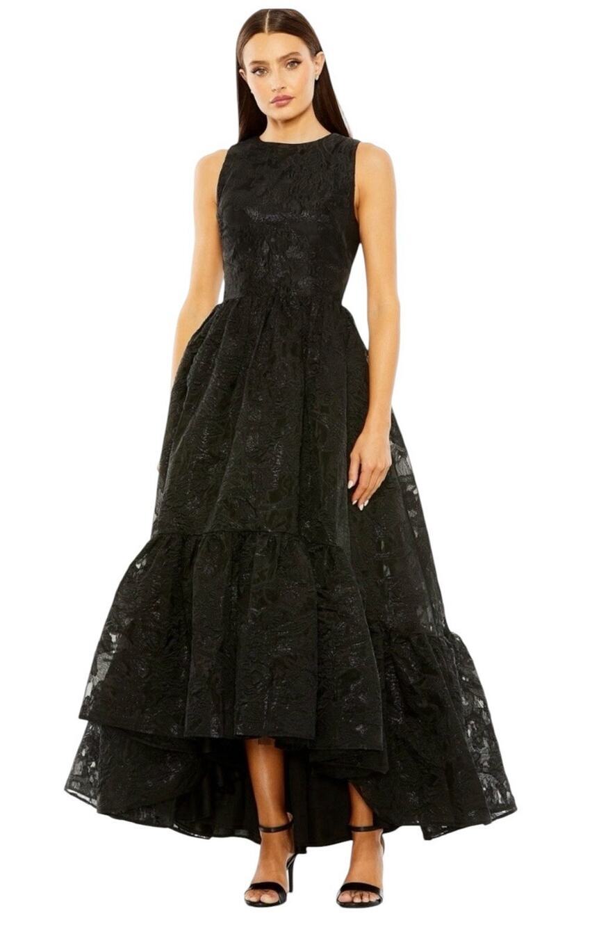 Mac Duggal 20714 Black Floral Jacquard High Low Ruffle Hem Gown Size 12 $598